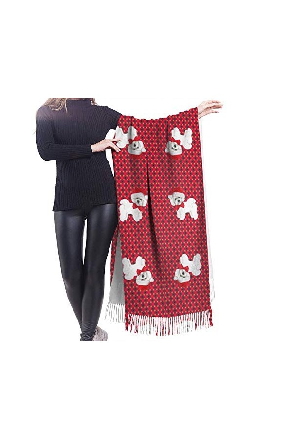 IUBBKI Bichon frisé de Noël pour femme - Grande couverture chaude en cachemire - Écharpe à pompons pashmina, Comme indiqué su