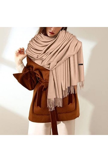 Écharpe à boucle pour femme - Pashmina - Doux - Couleur unie - Tendance - Col chaud avec franges et châles pour femme, bleu, 