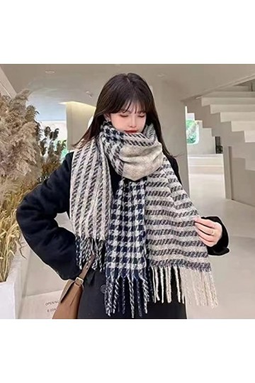 Cravate Bleue Hiver Stripe Splicing Lattice Faux Plush Feel Pashmina Châles Wraps Écharpe légère pour femme Écharpes chaudes 