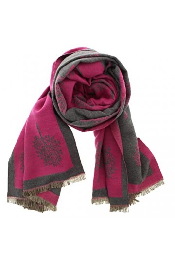 Zacs Alter Ego Écharpe pashmina réversible épaisse et chaude avec pompons Motif arbre de vie, rose fuchsia, Approx. 65 x 180