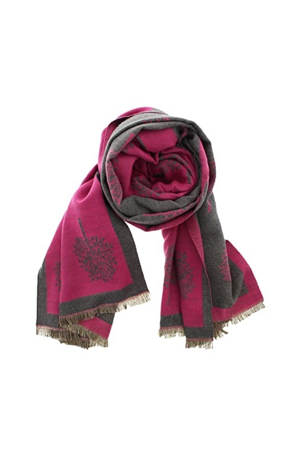 Zacs Alter Ego Écharpe pashmina réversible épaisse et chaude avec pompons Motif arbre de vie, rose fuchsia, Approx. 65 x 180