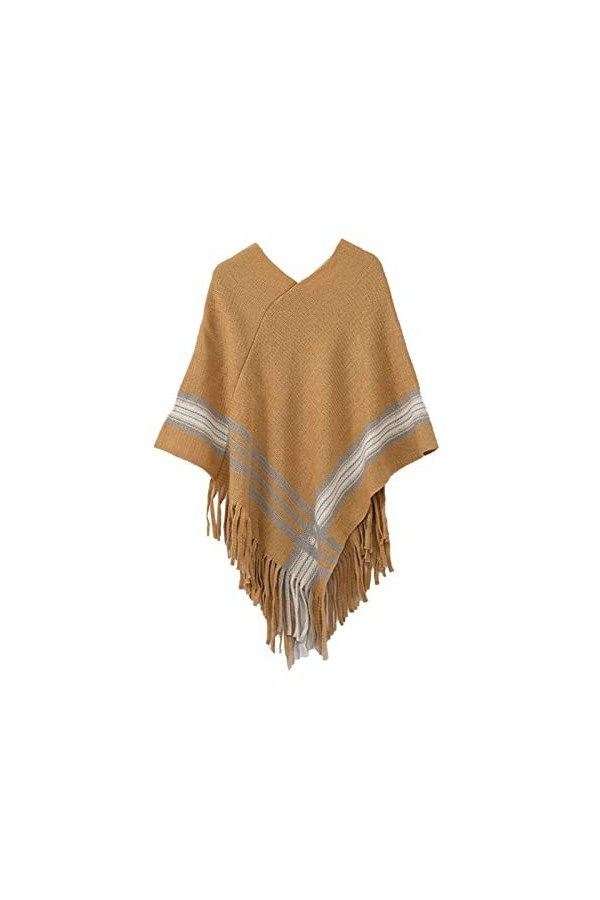 Poncho à épissures pour femme avec pompons en peluche synthétique - Écharpe à franges - Pashminas - Pull - Cape - Cadeaux pou