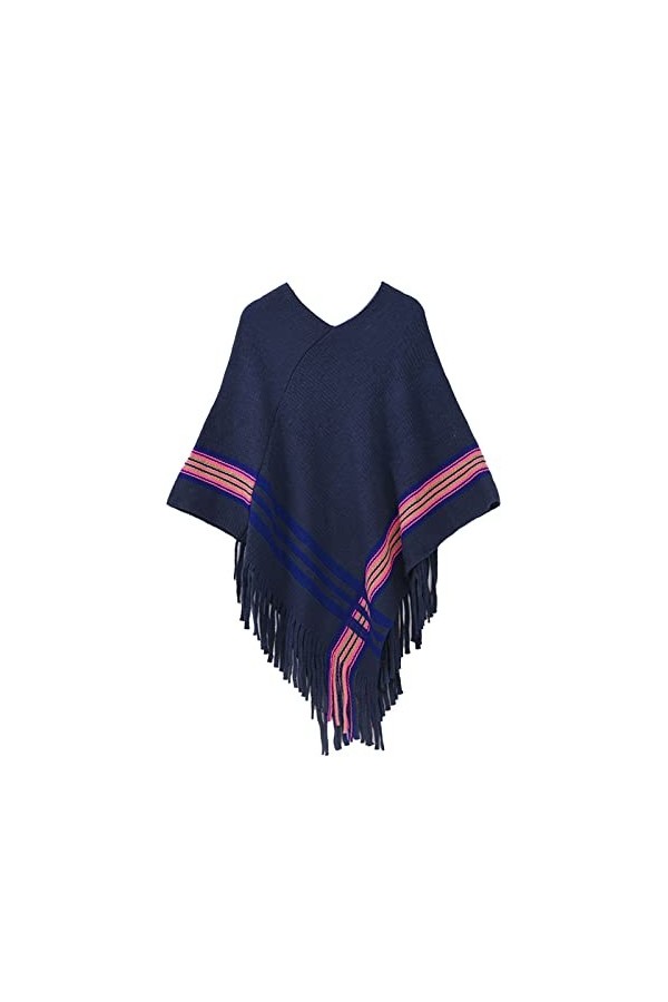 Poncho à épissures pour femme avec pompons en peluche synthétique - Écharpe à franges - Pashminas - Pull - Cape - Cadeaux pou