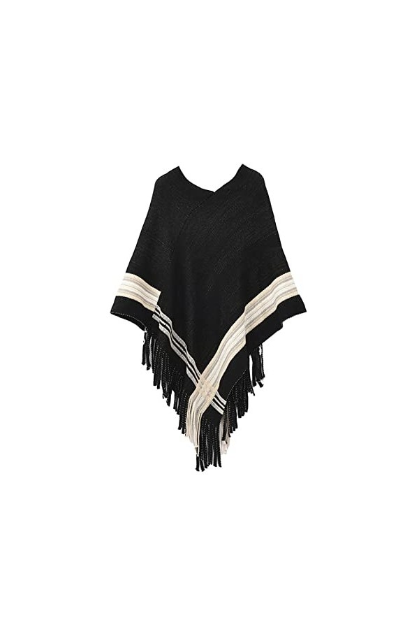 Poncho à épissures pour femme avec pompons en peluche synthétique - Écharpe à franges - Pashminas - Pull - Cape - Cadeaux pou