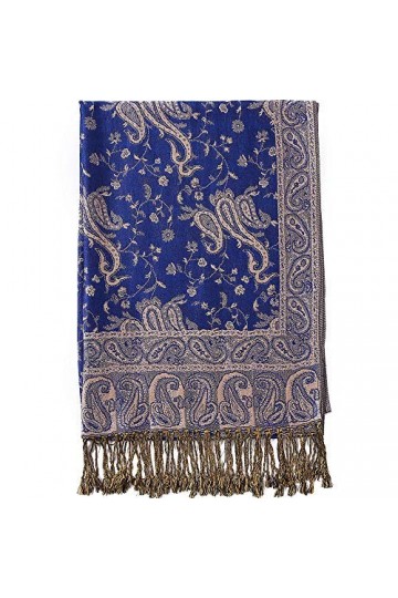 Becolored Écharpe en soie Pashmina avec motif cachemire et bordures - Réversible et confortable avec franges, 8-bleu roi., La