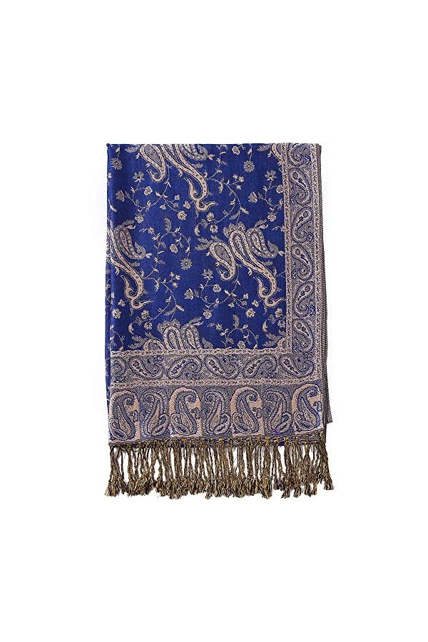 Becolored Écharpe en soie Pashmina avec motif cachemire et bordures - Réversible et confortable avec franges, 8-bleu roi., La