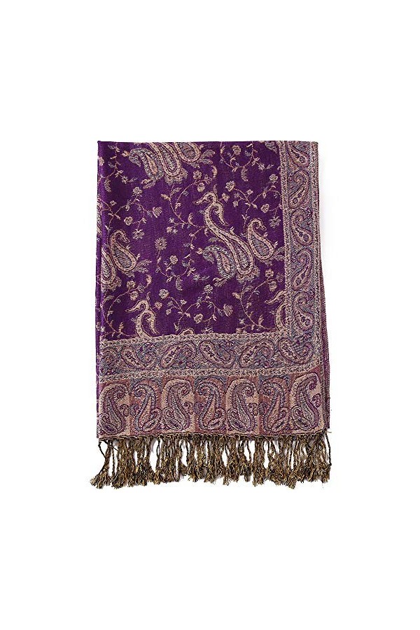 Becolored Écharpe en soie Pashmina avec motif cachemire et bordures - Réversible et confortable avec franges, 8-bleu roi., La