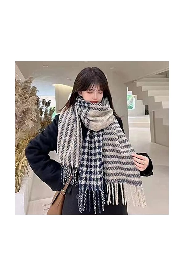 Keepwin Châle pashmina à rayures dhiver en treillis imitation peluche pour femme - Écharpe légère et chaude pour femme, bleu