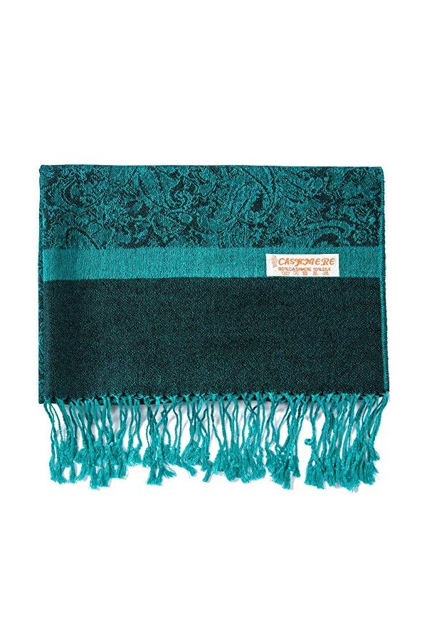 Écharpe en soie pashmina motif cachemire jacquard réversible deux tons, eméraude, Large