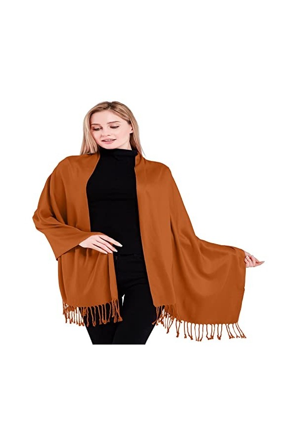 CJ Apparel Écharpe de couleur unie avec motif châle et pompons, couvre-visage, pashmina, népalais, orange brûlé, taille uniqu