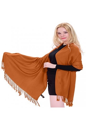 CJ Apparel Écharpe de couleur unie avec motif châle et pompons, couvre-visage, pashmina, népalais, orange brûlé, taille uniqu