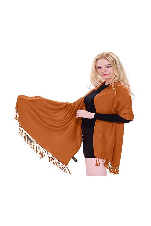 CJ Apparel Écharpe de couleur unie avec motif châle et pompons, couvre-visage, pashmina, népalais, orange brûlé, taille uniqu