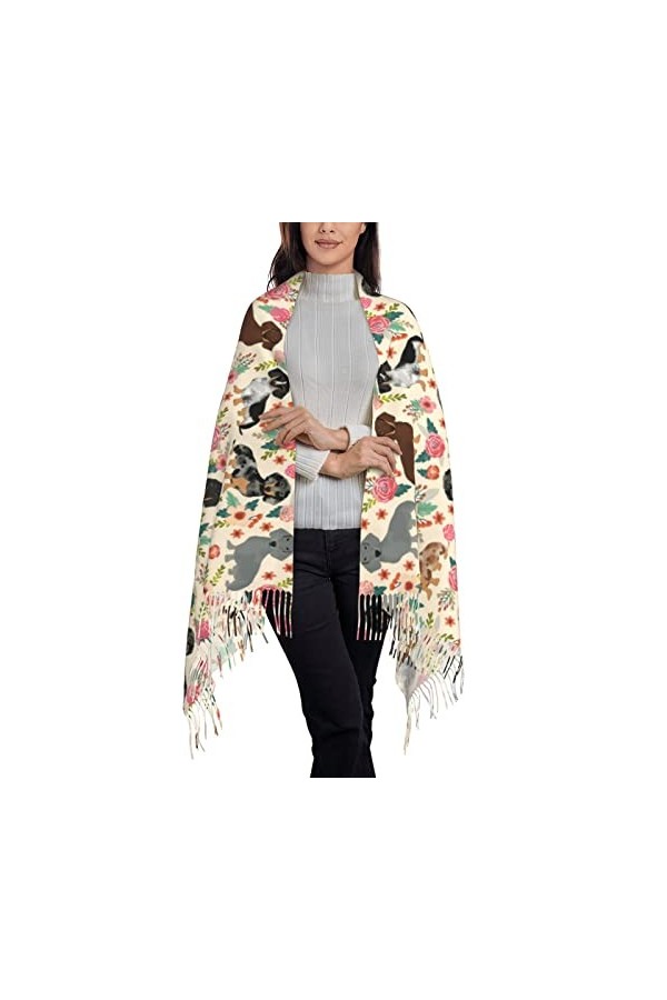 SJOAOAA Écharpe dhiver pour femme avec motif teckel, saucisse, fleurs roses, sensation cachemire, châle pashmina, couverture