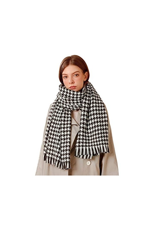 Dapei Hiver Chaud Mode Silencieux Pompon Imprimé Pied de Poule Doux Décontracté Écharpe Femme Châles Transparents, Noir , tai