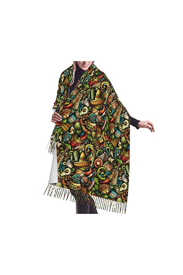 Caractéristiques mexicaines Tacos Pyramid Big Sombrero Cactus Châles Homme Femme Chaud Softscarfs, Pashmina Châle Wraps Long 