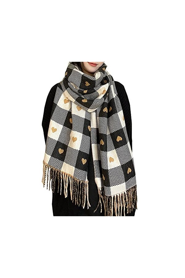 Pashmina Écharpe Femme Unisexe Réversible Amour Plaid Écharpe à Pompon Écharpe Chaude Écharpe Épaissie Bonnet et Écharpe Fill