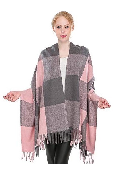 Xinqiao Grande écharpe pashmina à carreaux pour femme Toucher cachemire, Rose/gris, taille unique