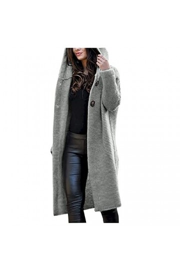 Nidddiv Cardigan long en tricot côtelé pour femme - Bouton - Couleur unie - Pull thermique - Manches longues - Léger à capuch