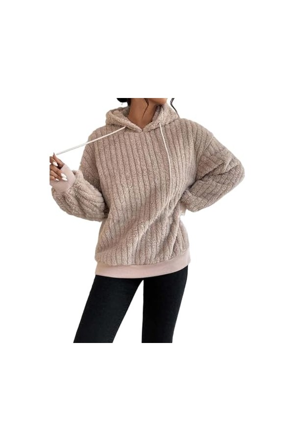 Nidddiv Sweat à capuche en polaire douce pour femme - Couleur unie - Cordon de serrage - Haut en peluche décontracté - Pull à