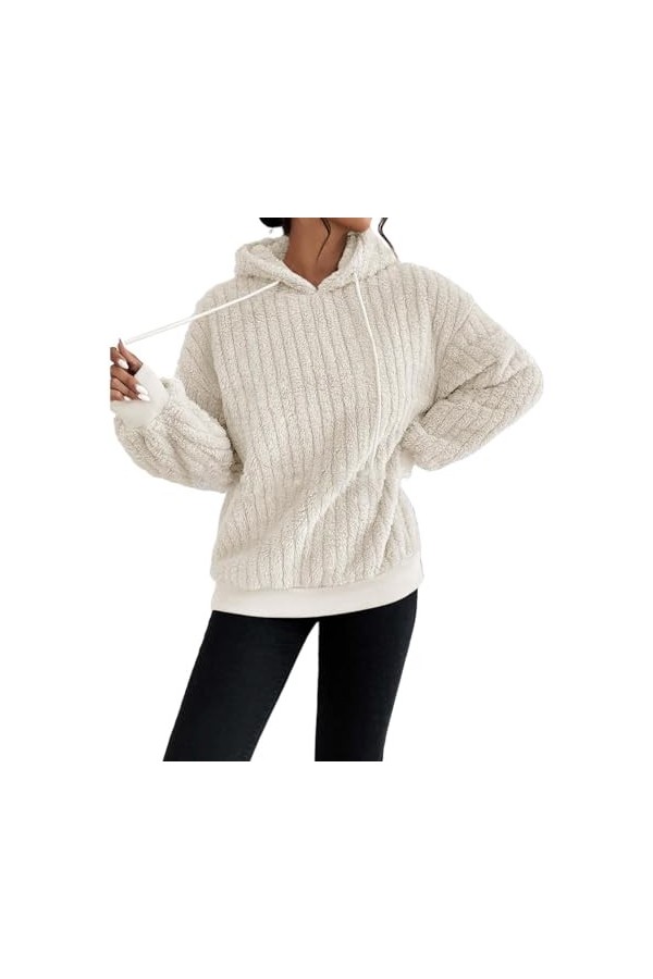 Nidddiv Sweat à capuche en polaire douce pour femme - Couleur unie - Cordon de serrage - Haut en peluche décontracté - Pull à