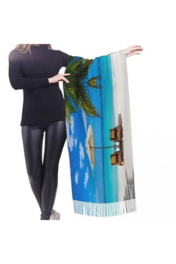 Grande écharpe en pashmina toucher cachemire pour homme et femme, Plage blanche mer tropicale, taille unique
