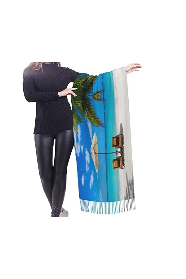 Grande écharpe en pashmina toucher cachemire pour homme et femme, Plage blanche mer tropicale, taille unique