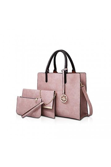 NICOLE&DORIS Sac à Main en Cuir 3 pièces sacoches Sac fourre-Tout Cuir pour Dames + bandoulière + Porte-Monnaie Rose