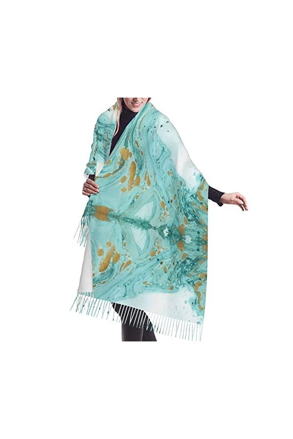 Grande écharpe de baseball Pashmina toucher cachemire doux et chaud - Cadeau pour homme et femme, Marbre bleu sarcelle et dor