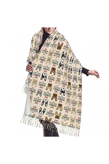 Grande écharpe en pashmina à carreaux noir et blanc avec motif de drapeaux à carreaux pour homme et femme, Bouledogue françai