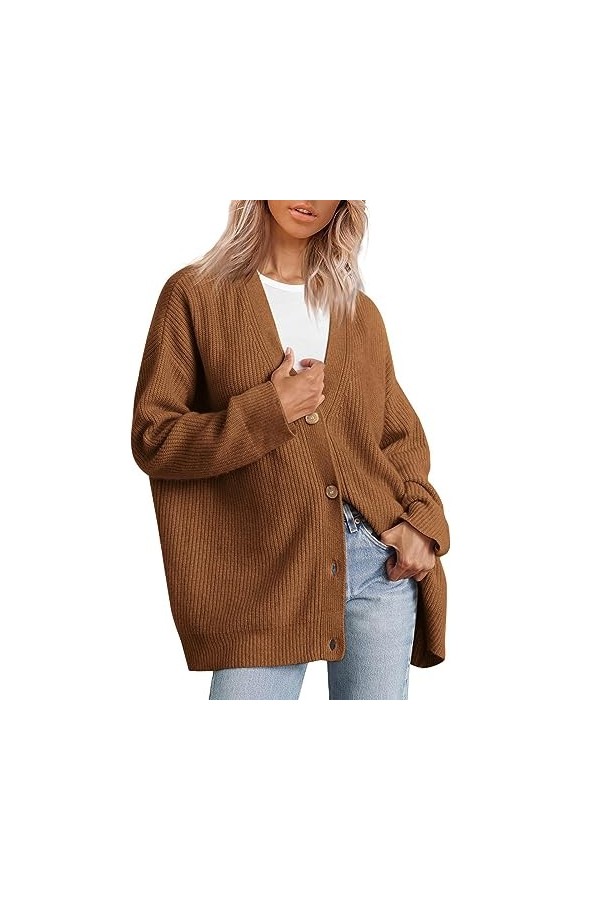 Cardigan tricoté surdimensionné à boutons pour femme - Léger - Col en V - Couleur unie - Manteaux côtelés pour femme - Pull c