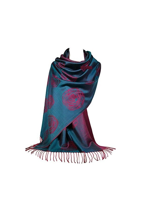 GFM® Écharpe Pashmina Motif Floral Feuilles 8168-S105-rs-tlfsh-roses, bleu sarcelle.