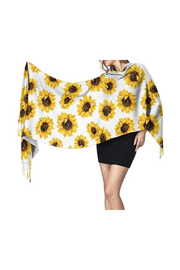 Écharpe dhiver à motif tournesol pour femme - Toucher cachemire - Pashmina - Couverture douce et chaude - Longue écharpe pou