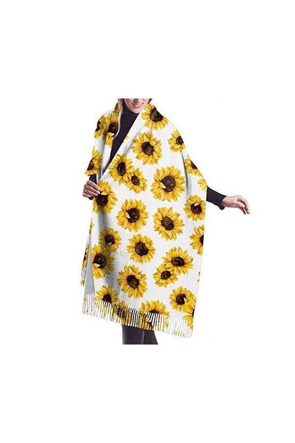 Écharpe dhiver à motif tournesol pour femme - Toucher cachemire - Pashmina - Couverture douce et chaude - Longue écharpe pou
