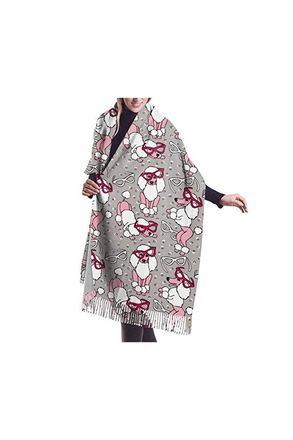 Écharpe dhiver à motif caniche rose pour femme - Toucher cachemire - Pashmina - Couverture douce et chaude - Longue écharpe 