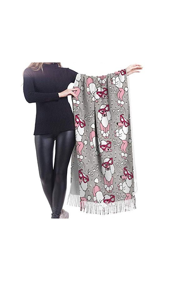 Écharpe dhiver à motif caniche rose pour femme - Toucher cachemire - Pashmina - Couverture douce et chaude - Longue écharpe 