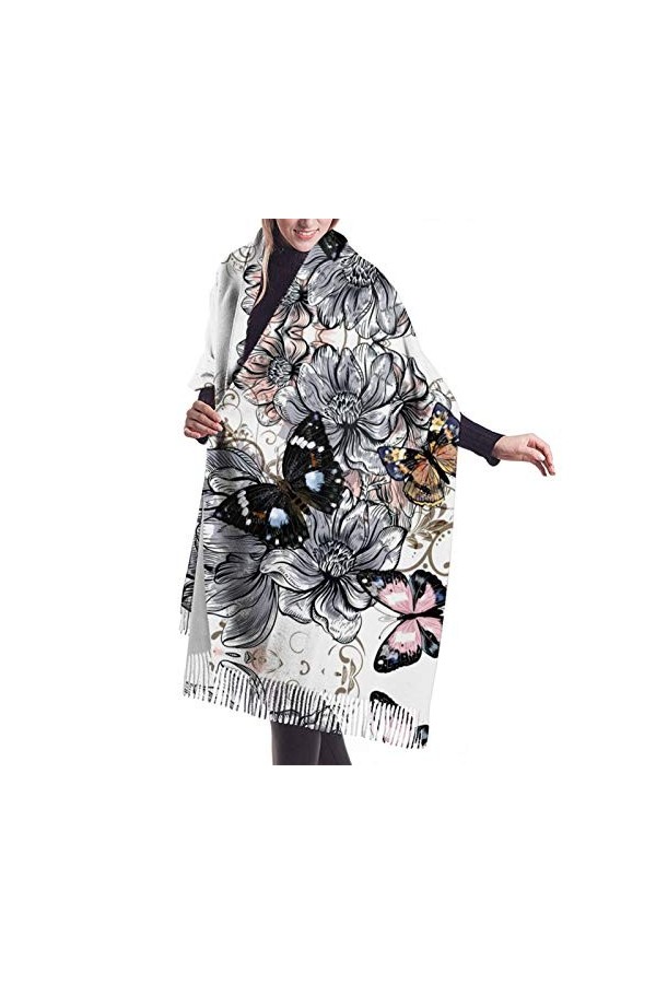 Écharpe dhiver tendance à motif floral pour femme - Toucher cachemire - Pashmina - Couverture douce et chaude - Longue échar