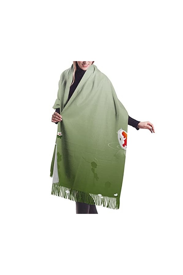 QQIAEJIA Grand châle pashmina doux pour femme, motif carpe rouge et fleurs de cerisier avec bords frangés, couleur, taille un