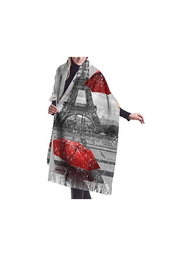 QQIAEJIA Tour Eiffel avec parapluie rouge pour femme - Grand châle pashmina doux au toucher cachemire - Écharpe dhiver avec 