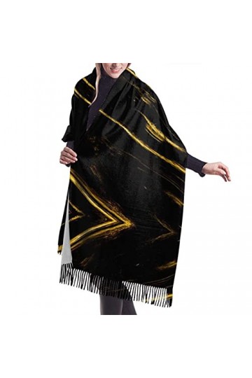 QQIAEJIA Châles pashmina en cachemire doux pour femmes, texture marbre, noir et or, écharpe dhiver avec bords à franges, dor