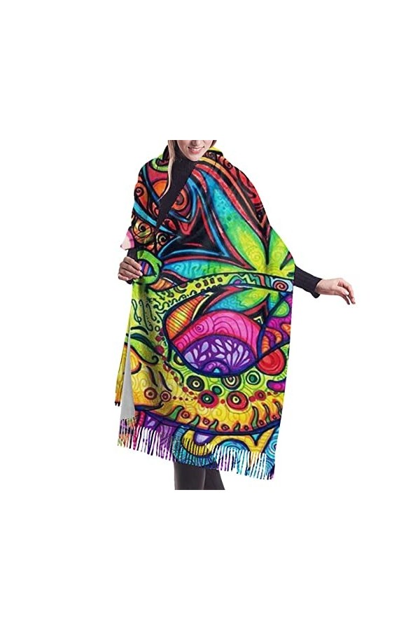 QQIAEJIA Grand châle pashmina en cachemire avec bords frangés pour femme Motif feuilles multicolores, couleur, taille unique
