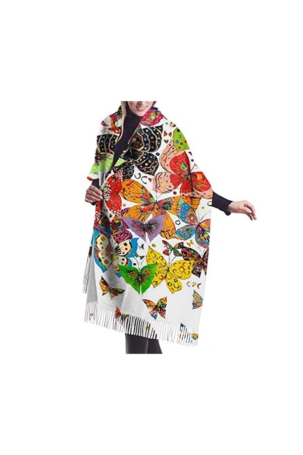 QQIAEJIA Butterfly - Grand châle pashmina doux au toucher cachemire pour femme - Écharpe dhiver avec bords à franges, couleu