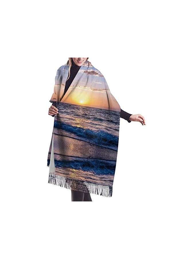QQIAEJIA Blue Ocean - Grand châle pashmina doux au toucher cachemire pour femme - Écharpe dhiver avec bords à franges, coule