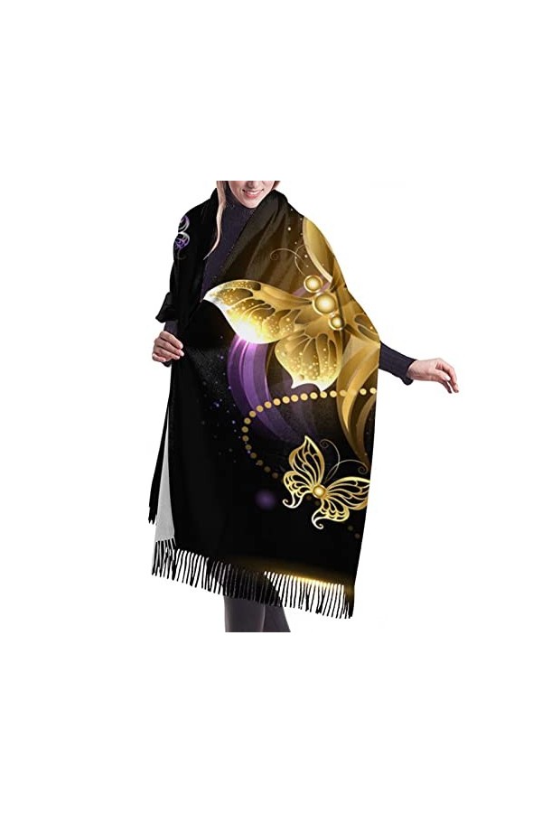 QQIAEJIA Grand châle pashmina en cachemire doux avec bords frangés pour femme Motif papillons dorés, doré, taille unique