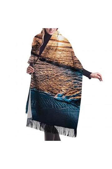 QQIAEJIA Sea Beach Sunset Grand châle pashmina doux au toucher cachemire pour femme Écharpe dhiver avec bords à franges, cou