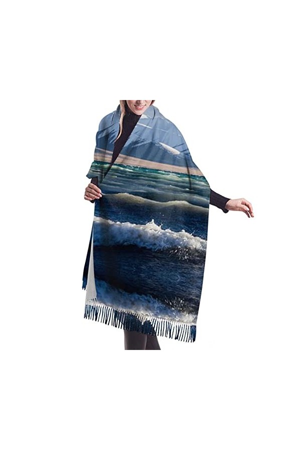 QQIAEJIA Blue Sea Water Grand châle pashmina doux au toucher cachemire pour femme Écharpe dhiver avec bords à franges, coule