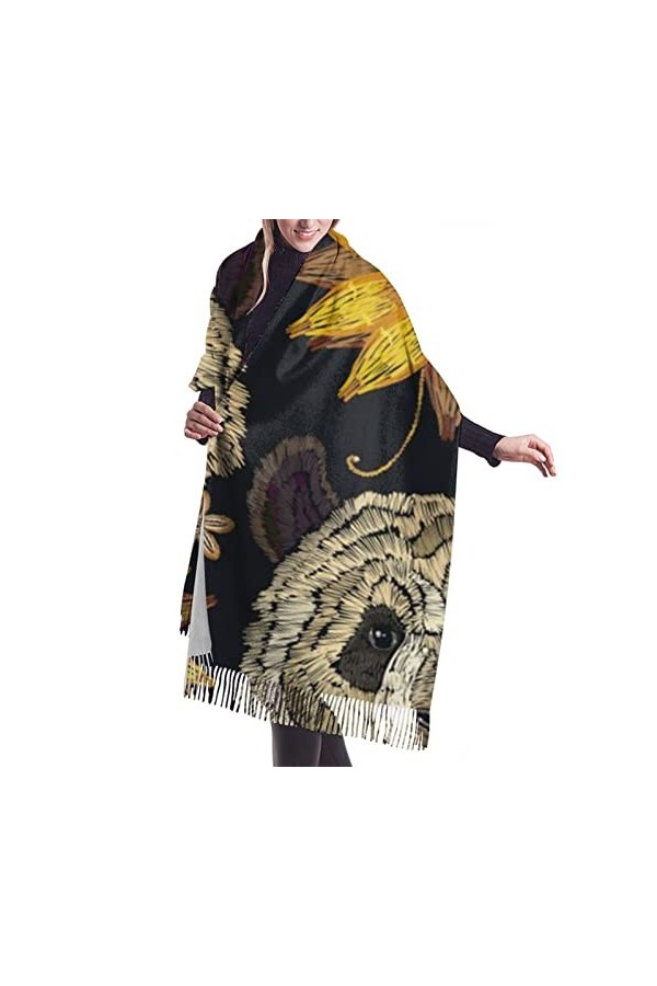 QQIAEJIA Grand châle pashmina en cachemire doux avec bords frangés pour femme Motif panda et tournesol, couleur, taille uniqu
