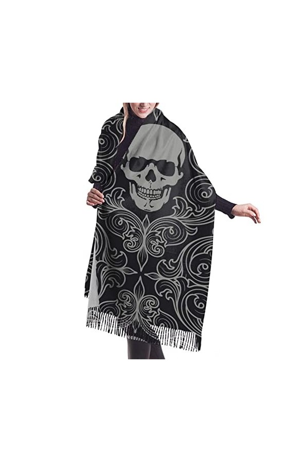 QQIAEJIA Crâne Grand châle pashmina doux au toucher cachemire pour femme Écharpe dhiver avec bords à franges, Comme indiqué 