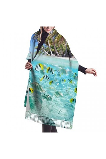 QQIAEJIA Grand châle pashmina en cachemire doux avec bords frangés pour femme Motif paysage de poissons tropicaux, couleur, t