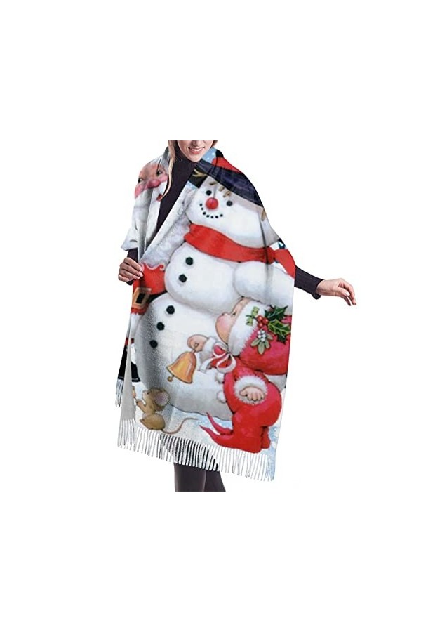 QQIAEJIA Grand châle pashmina en cachemire doux avec bords frangés pour femme Père Noël et bonhomme de neige, couleur, taille