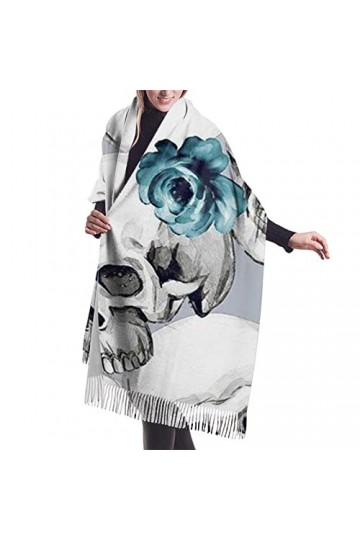 QQIAEJIA Grand châle pashmina en cachemire doux avec bords à franges pour femme Motif tête de mort et fleur, couleur, taille 